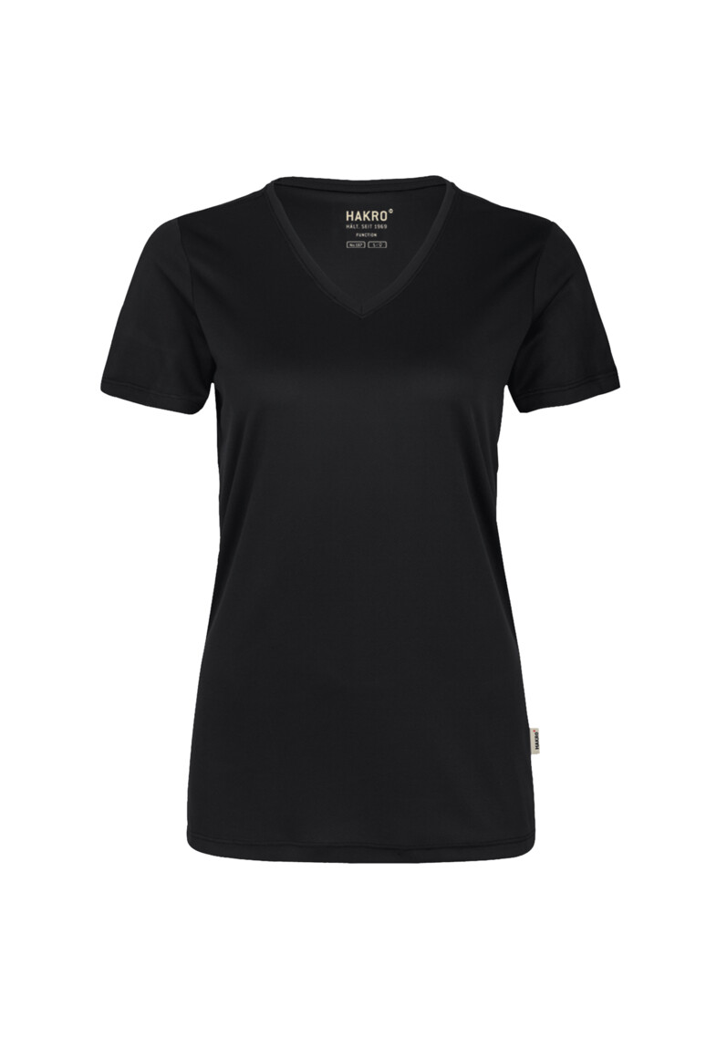 HAKRO 187 Damen V-Shirt COOLMAX® ECO in Schwarz – Vorderansicht