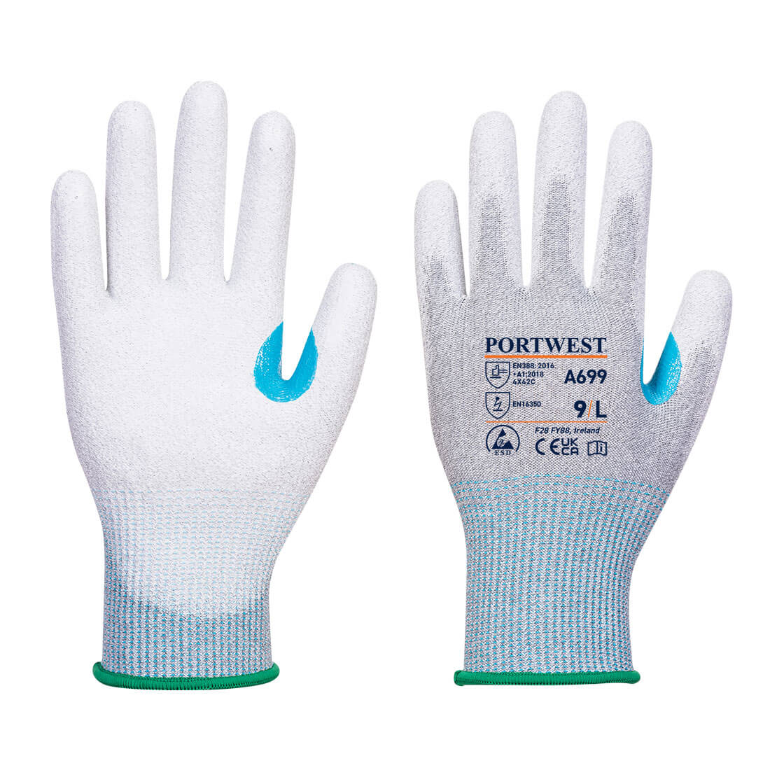 Portwest MR13 ESD PU Palm Glove (Pk12) in Grau/Weiß – Vorderansicht