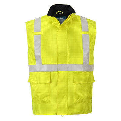 Portwest Bizflame Rain Hi-Vis FR Bodywarmer in Gelb – Vorderansicht