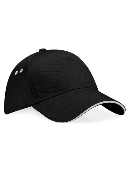 Beechfield Ultimate 5 Panel Cap - Sandwich Peak in Black/Light Grey – Vorderansicht