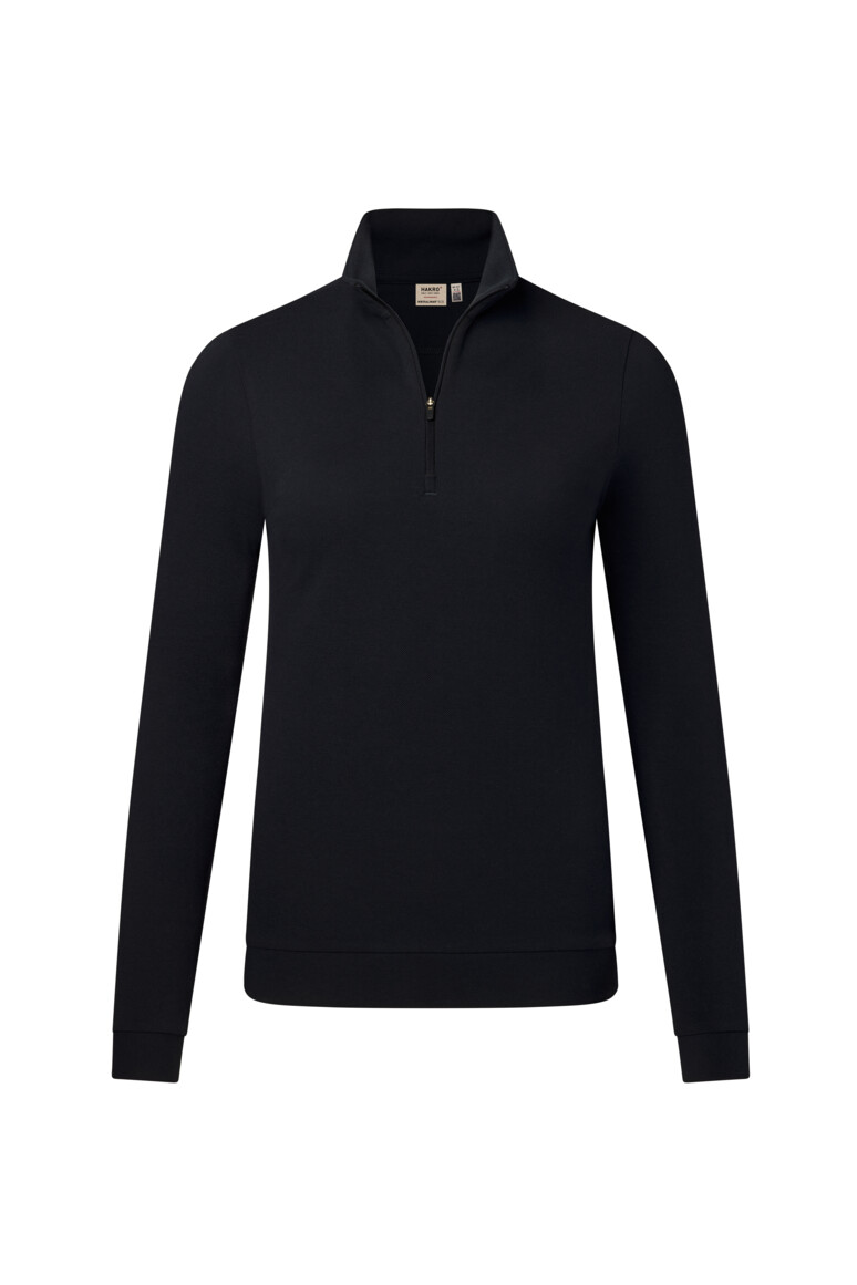 HAKRO 335 Damen Zip-Longsleeve Piqué MIKRALINAR® ECO in Schwarz – Vorderansicht
