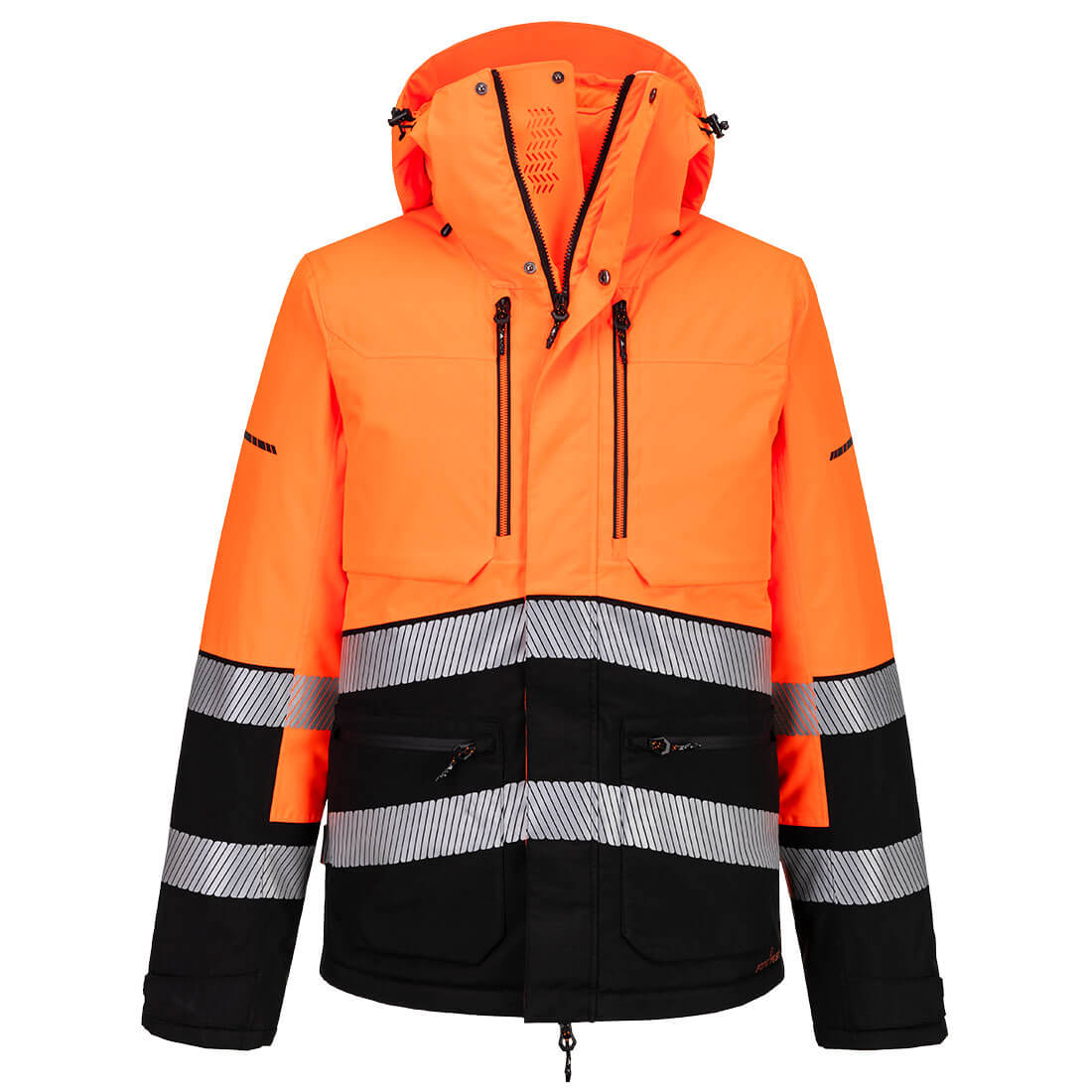 Portwest EV4 Hi-Vis Winter Jacket in Orange/Schwarz – Vorderansicht