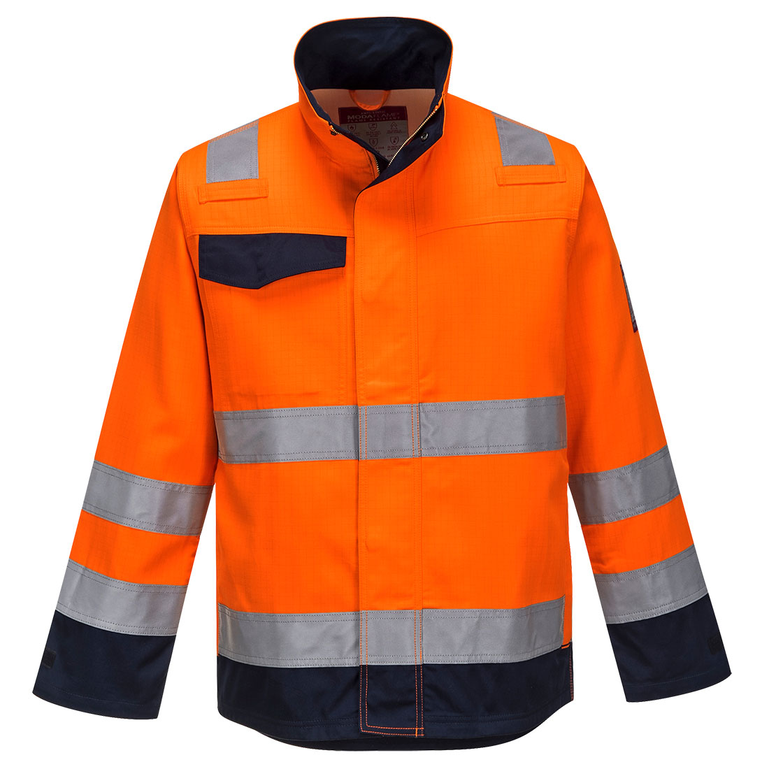 Portwest Modaflame Work HVO Multi-Norm Contrast FR Jacket in Orange/Marine – Vorderansicht