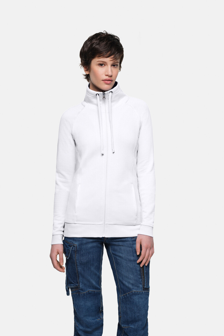HAKRO 406 Damen Sweatjacke Premium in Weiß – Modellansicht