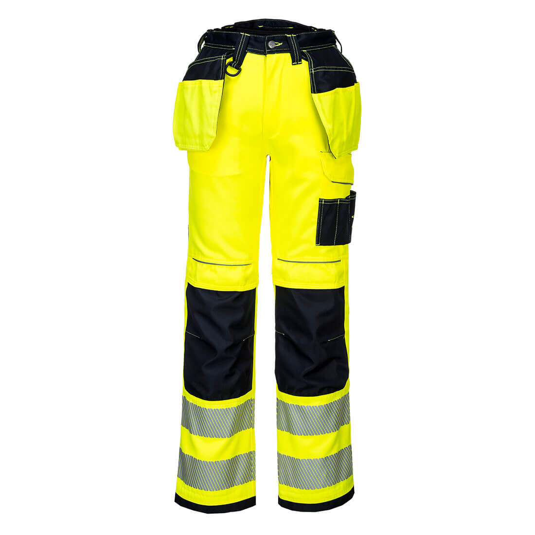 Portwest PW3 Hi-Vis Stretch Holster Pocket Trousers in Gelb/Schwarz – Vorderansicht