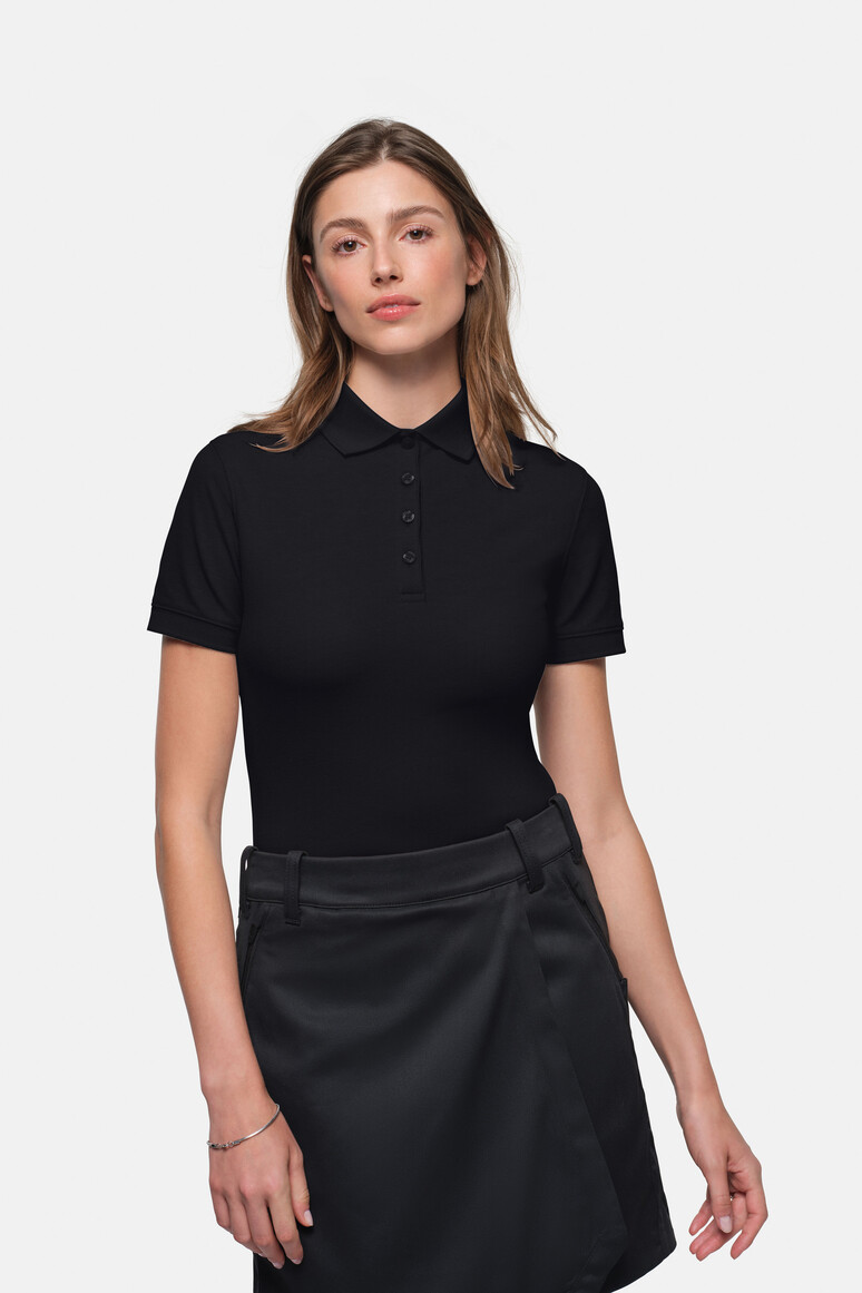 HAKRO 369 Damen Poloshirt MIKRALINAR® ECO in Schwarz – Modellansicht