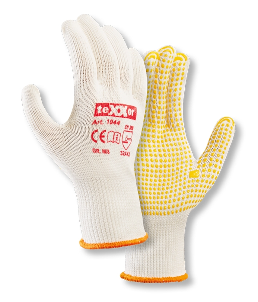 teXXor® Mittelstrick-Handschuhe BAUMWOLLE/NYLON in Beige/Gelbe Noppen – Vorderansicht