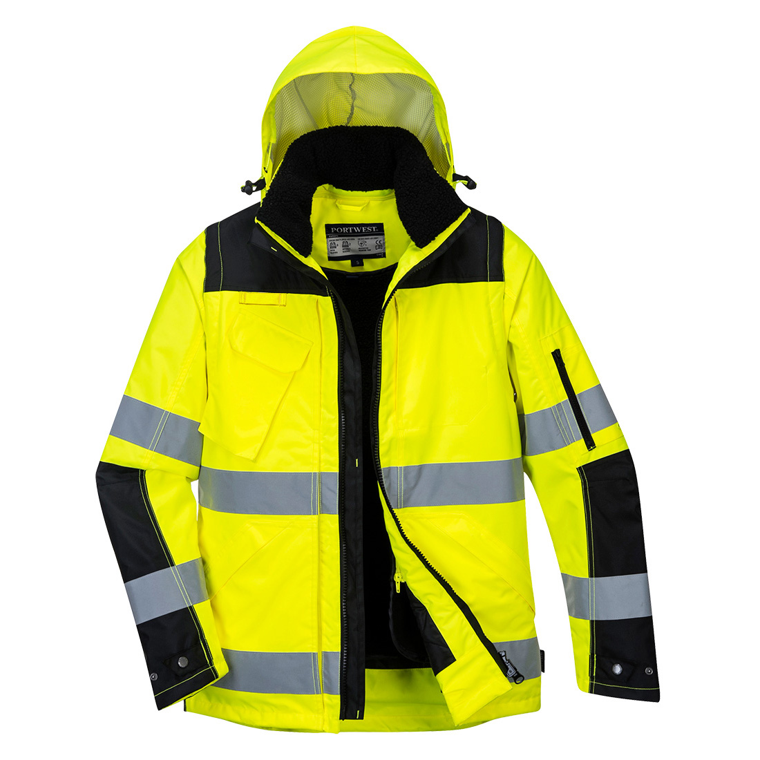 Portwest Hi-Vis 3-in-1 Contrast Winter Pro Jacket in Gelb/Schwarz – Vorderansicht