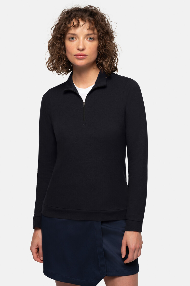 HAKRO 335 Damen Zip-Longsleeve Piqué MIKRALINAR® ECO in Schwarz – Modellansicht