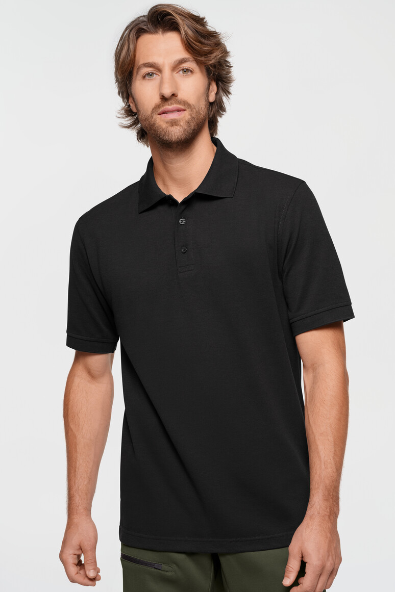 HAKRO 503 Label-Free Poloshirt Heavy MIKRALINAR® ECO in Schwarz – Modellansicht