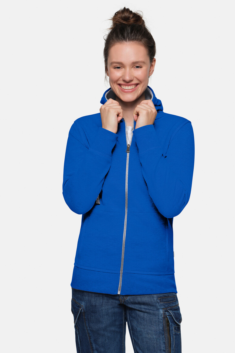 HAKRO 255 Damen Kapuzenjacke Bonded ECO in Royalblau/Silber – Modellansicht
