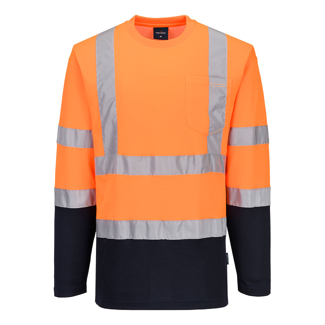Portwest Hi-Vis Cotton Comfort Contrast T-Shirt L/S in Orange/Marine – Vorderansicht
