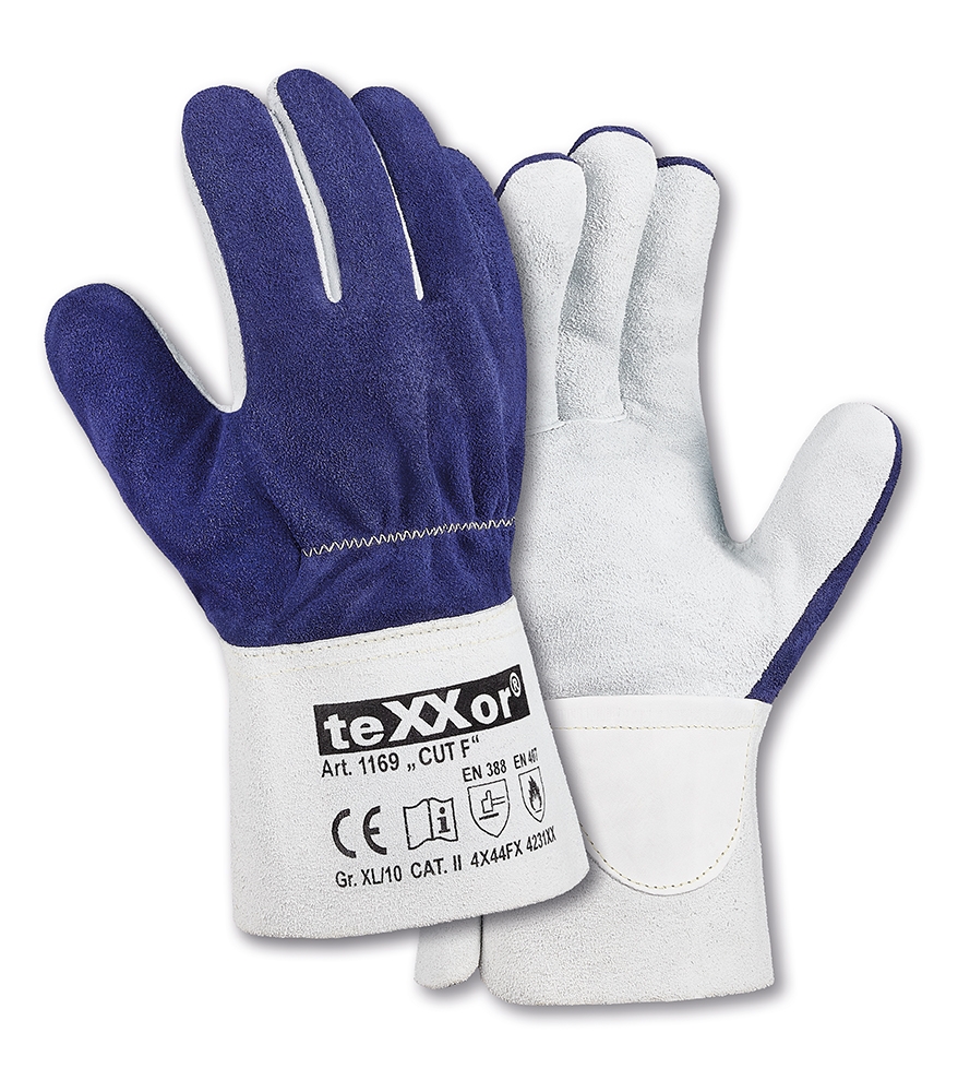 teXXor® Spaltleder-Aramid Handschuhe CUT F in Blau/Natur – Vorderansicht
