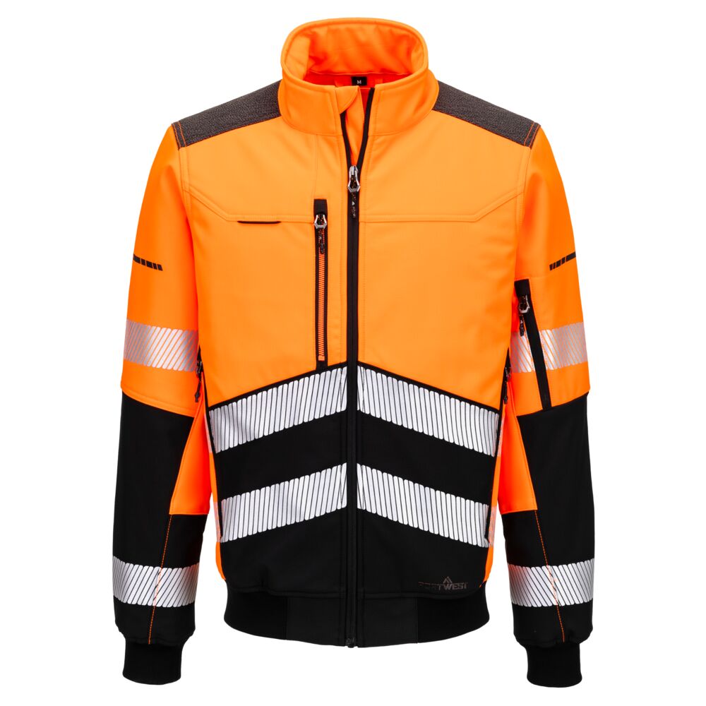 Portwest EV4 Hi-Vis Softshell Bomber (3L) in Orange/Schwarz – Vorderansicht