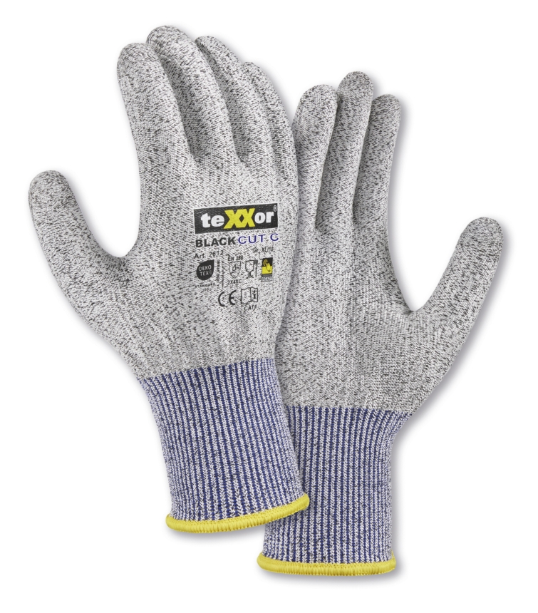 teXXor® Schnittschutz-Strickhs. BLACK CUT®C ohne Beschicht. in Grau-Meliert/Blau – Vorderansicht