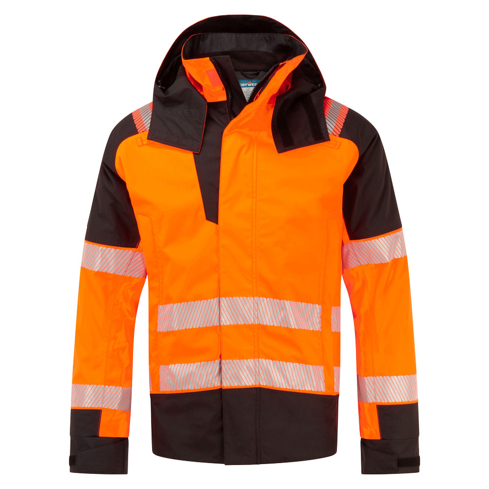 Portwest PW3 Modaflame Rain+ Hi-Vis Multi-Norm FR Winter Jacket in Orange/Schwarz – Vorderansicht