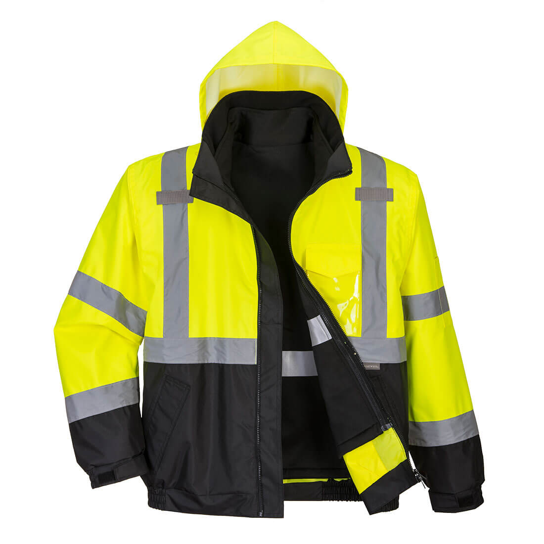 Portwest Hi-Vis 3-in-1 Contrast Premium Bomber Jacket in Gelb/Schwarz – Vorderansicht