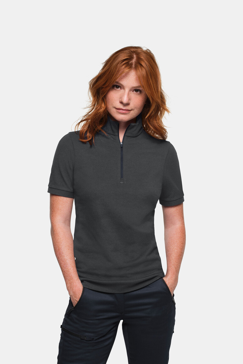 HAKRO 334 Damen Zip-Shirt Piqué MIKRALINAR® ECO in Karbongrau – Modellansicht