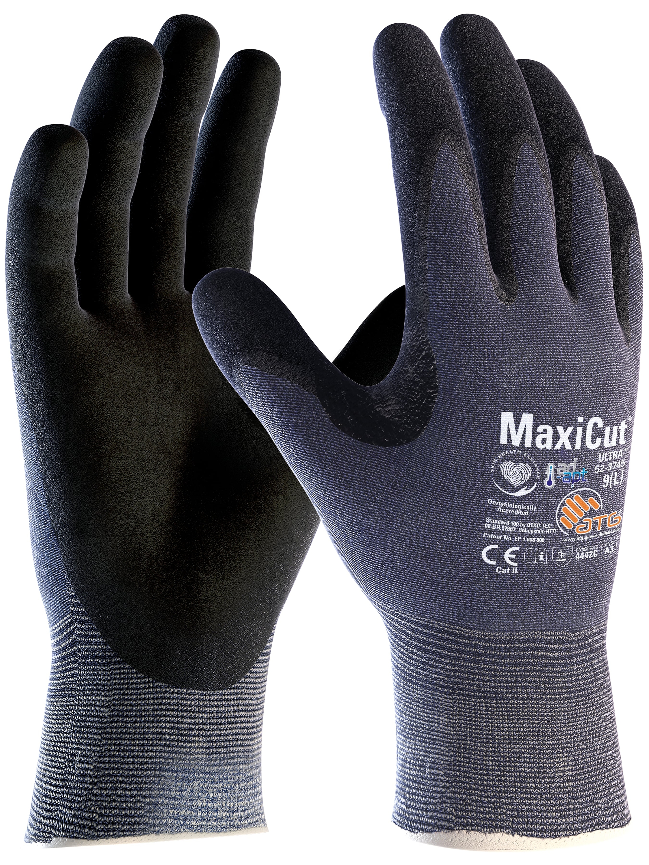 ATG® MaxiCut® Ultra™ AD-APT® Schnittschutz-Strickhandschuhe (52-3745) in Blau/Schwarz – Vorderansicht