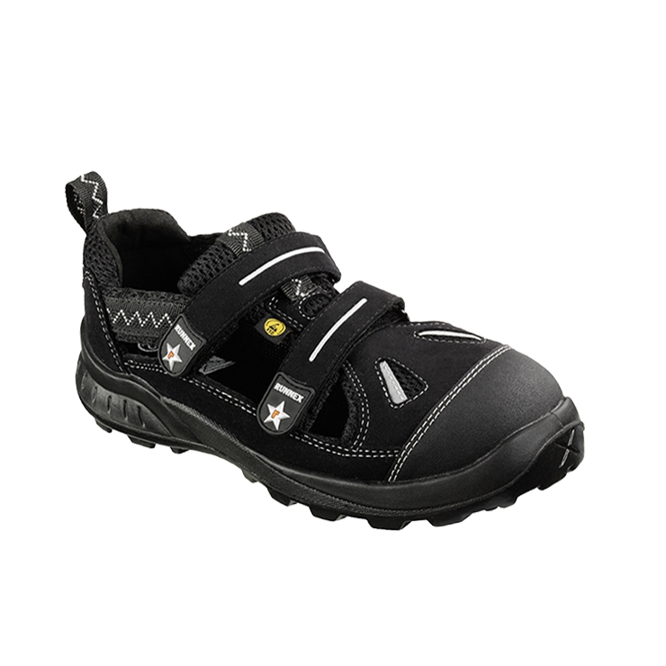 RUNNEX® S1-ESD-Sicherheitsklettsandalen TeamStar in Schwarz/Silber – Vorderansicht
