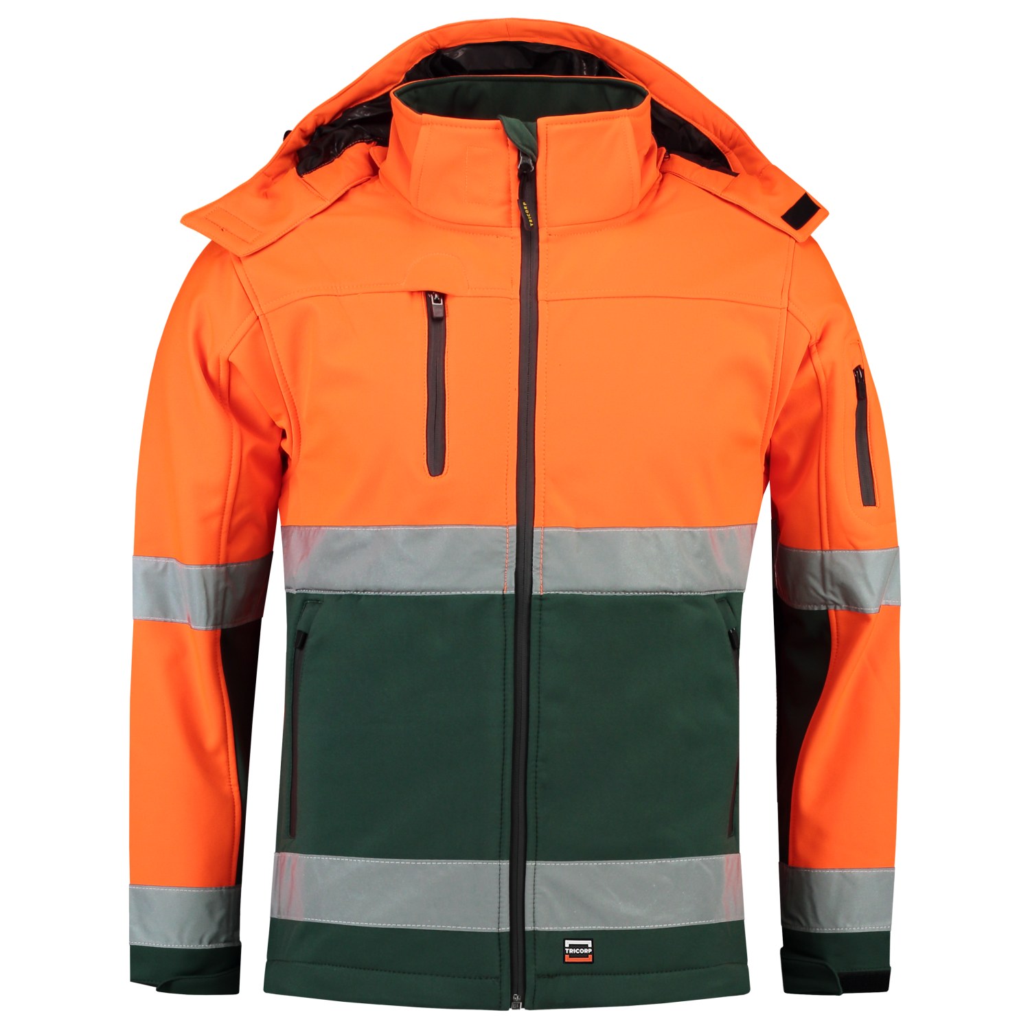 TRICORP Softshelljacke EN ISO 20471 Bicolor in Fluororange-Green – Vorderansicht