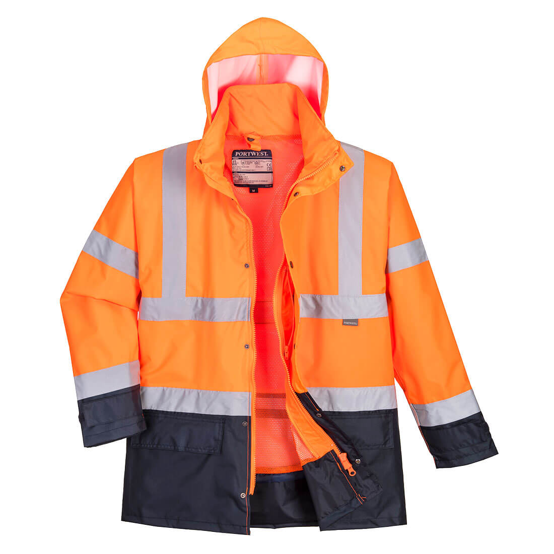 Portwest Hi-Vis 5-in-1 Contrast Executive Jacket in Orange/Marine – Vorderansicht