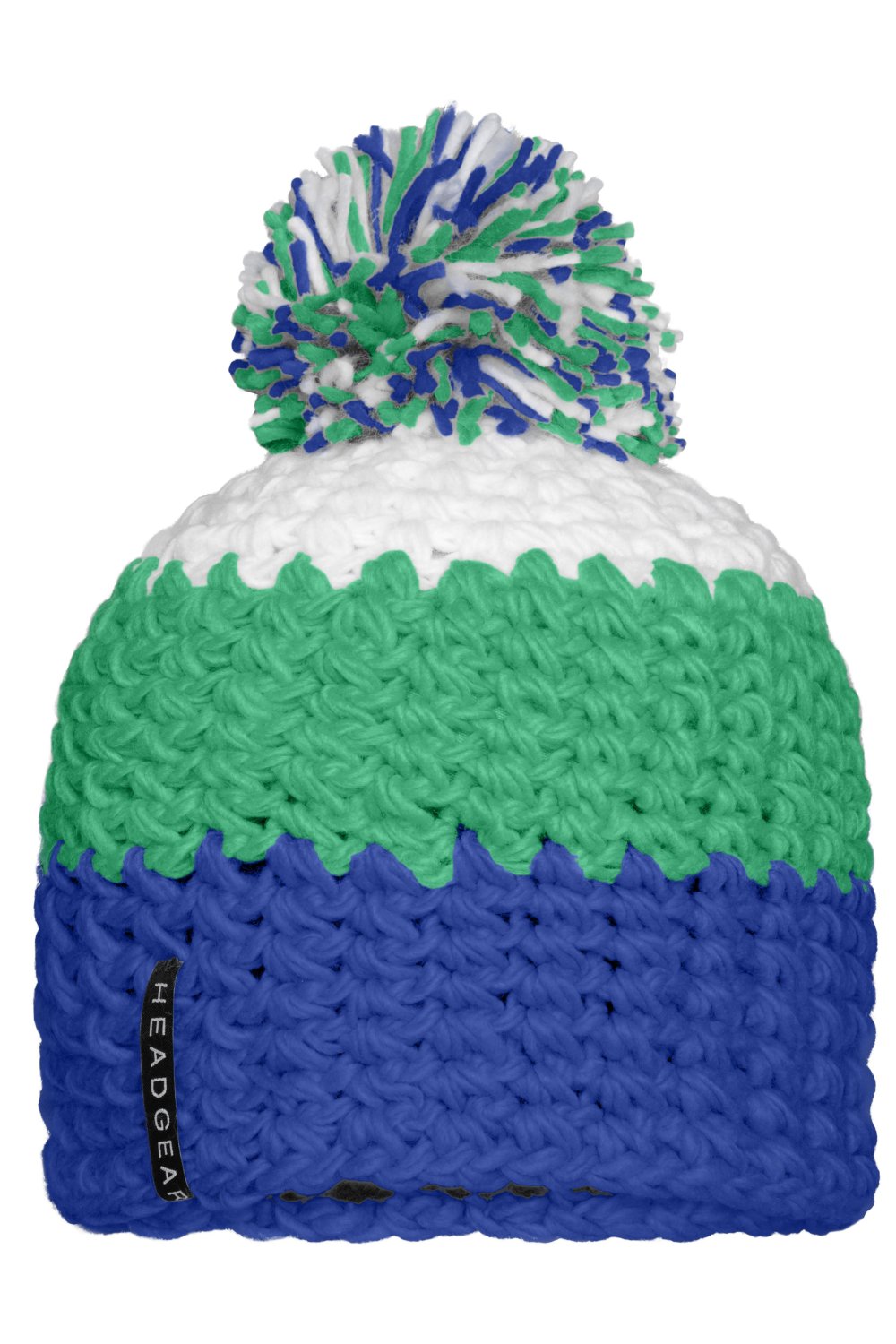 Daiber Crocheted Cap with Pompon in Aqua/Lime-Green/White – Vorderansicht