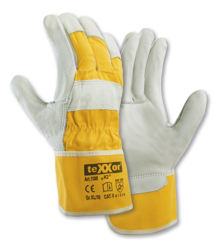 teXXor® TOP Rindvollleder-Handschuhe K2 in Leder Natur/Drell Gelb – Vorderansicht
