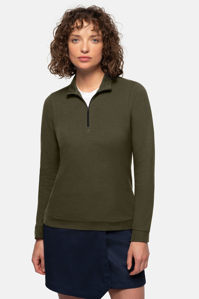 HAKRO 335 Damen Zip-Longsleeve Piqué MIKRALINAR® ECO in Olive – Modellansicht