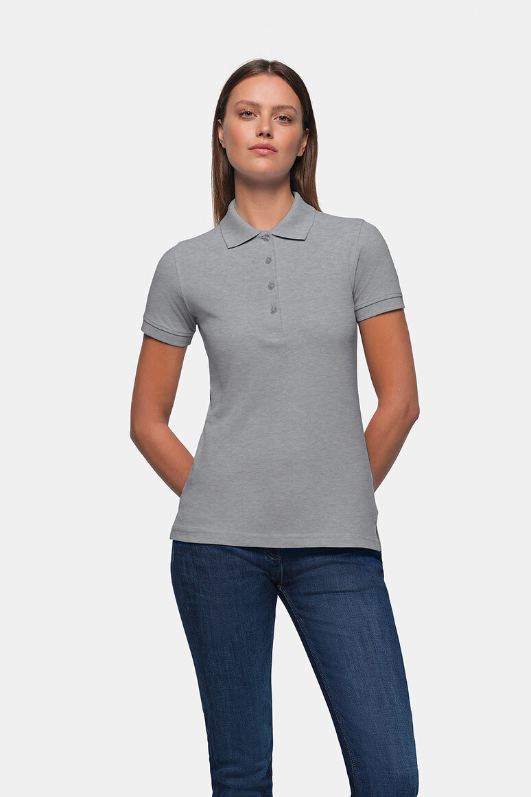 HAKRO 110 Damen Poloshirt Classic in Grau Meliert – Modellansicht