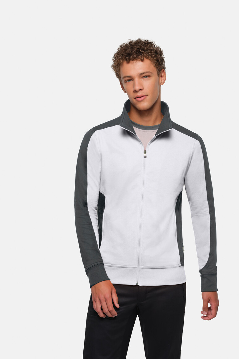 HAKRO 477 Sweatjacke Contrast MIKRALINAR® in Weiß/Anthrazit – Modellansicht