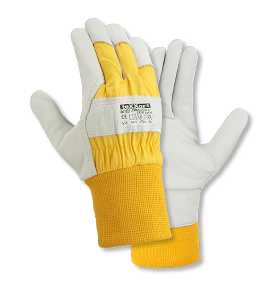 teXXor® Rindvollleder-Winterbauhandschuhe HIMALAYA II in Leder Natur/Drell Gelb – Vorderansicht