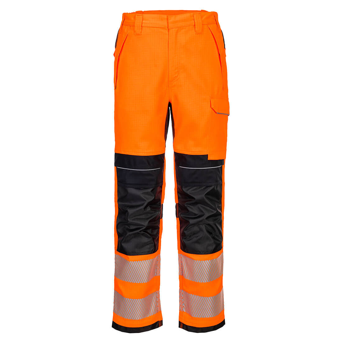 Portwest PW3 Modaflame Work HVO Multi-Norm FR Trousers in Orange/Schwarz – Vorderansicht