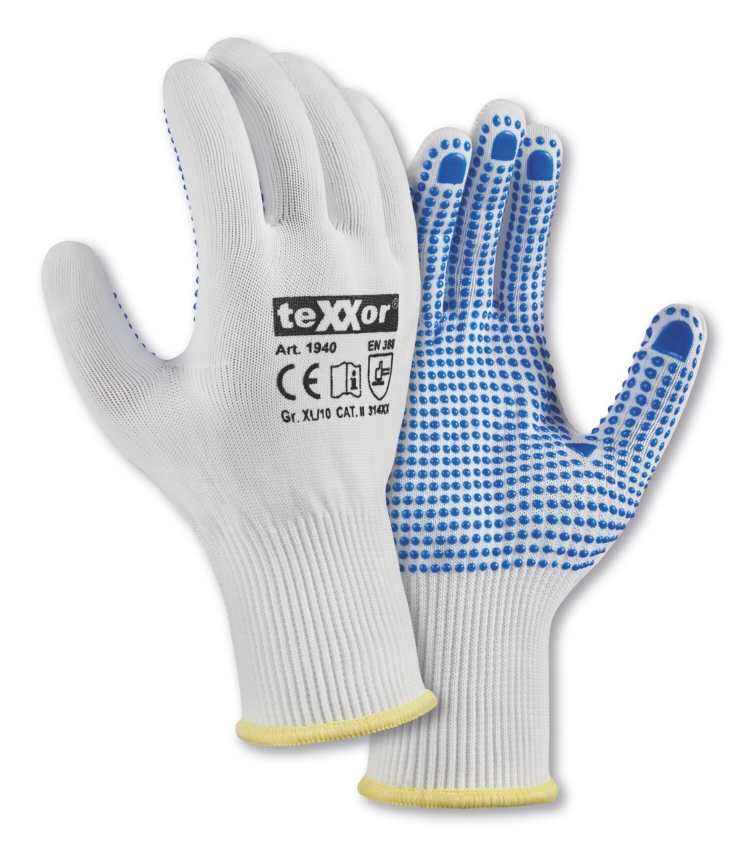 teXXor® Feinstrick-Handschuhe NYLON in Weiß/Blaue Noppen – Vorderansicht