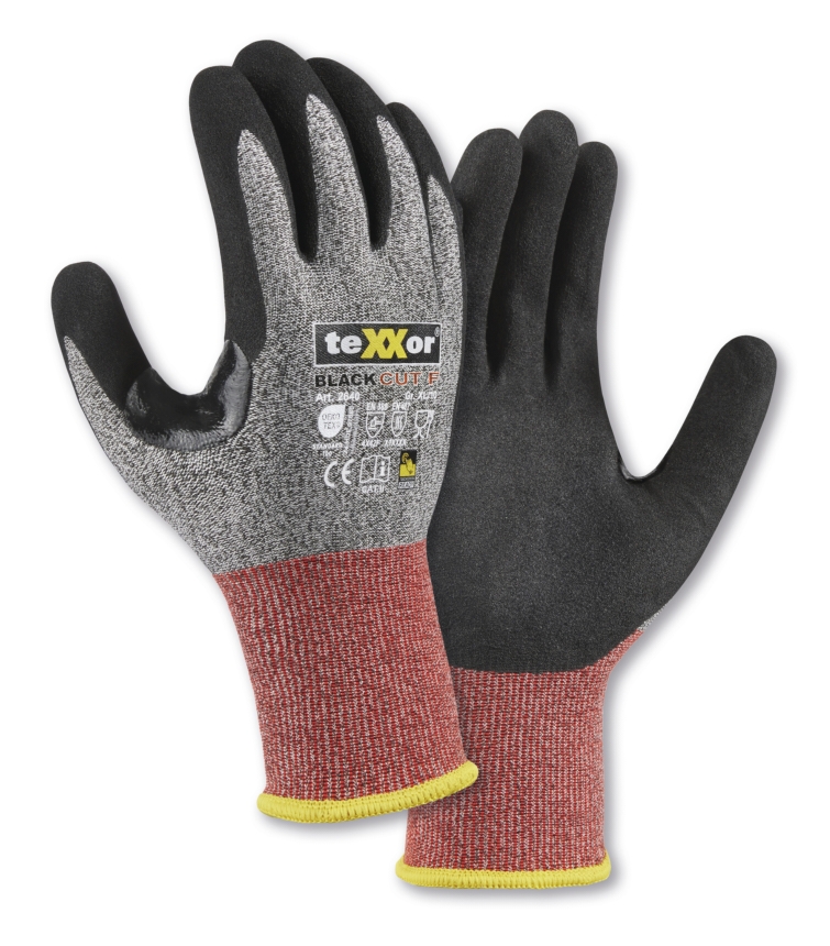 teXXor® Schnittschutz-Strickhandschuhe BLACK CUT® F in Grau-Meliert/Rot/Schwarz – Vorderansicht