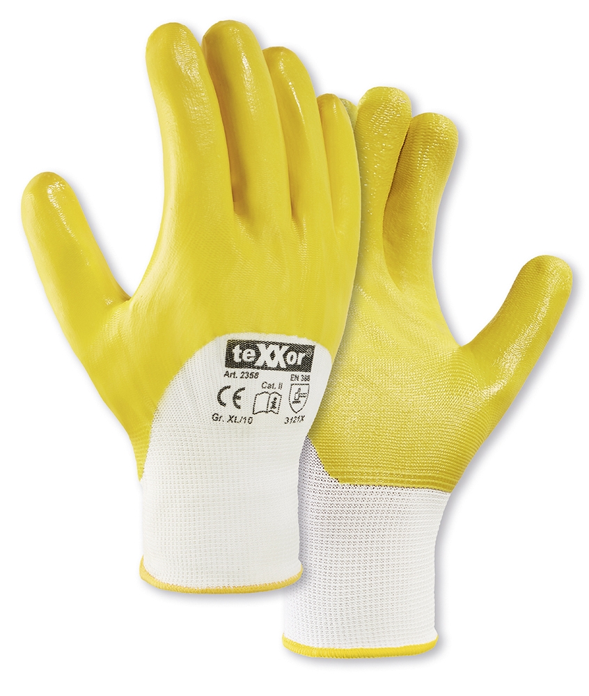 teXXor® Polyester-Strickhandschuhe NITRIL BESCHICHTET in Weiß/Gelb – Vorderansicht