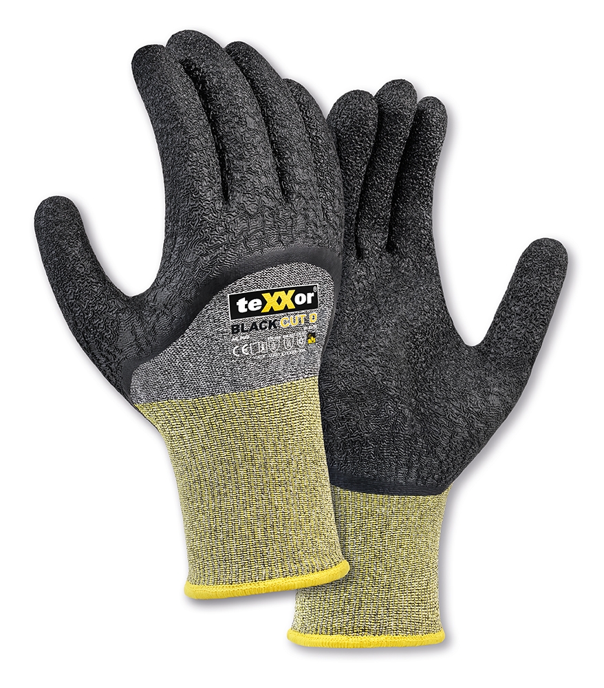 teXXor®Winterhandschuh BLACK CUT® D mit ¾ Latexbeschichtung in Grau-Meliert/Gelb/Schwarz – Vorderansicht