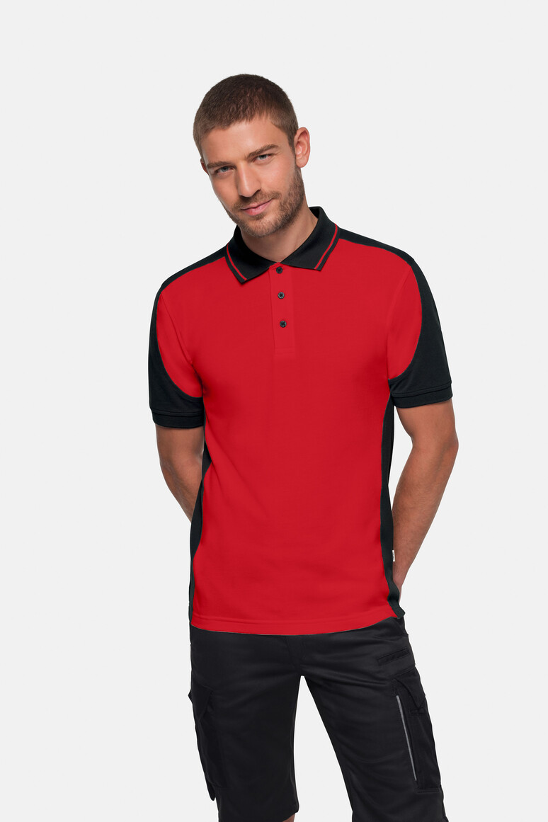 HAKRO 539 Poloshirt Contrast MIKRALINAR® ECO in Rot/Schwarz – Modellansicht