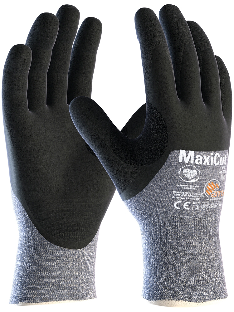 ATG® MaxiCut® Oil™ Schnittschutz-Strickhandschuhe (44-505) in Schwarz/Blau – Vorderansicht