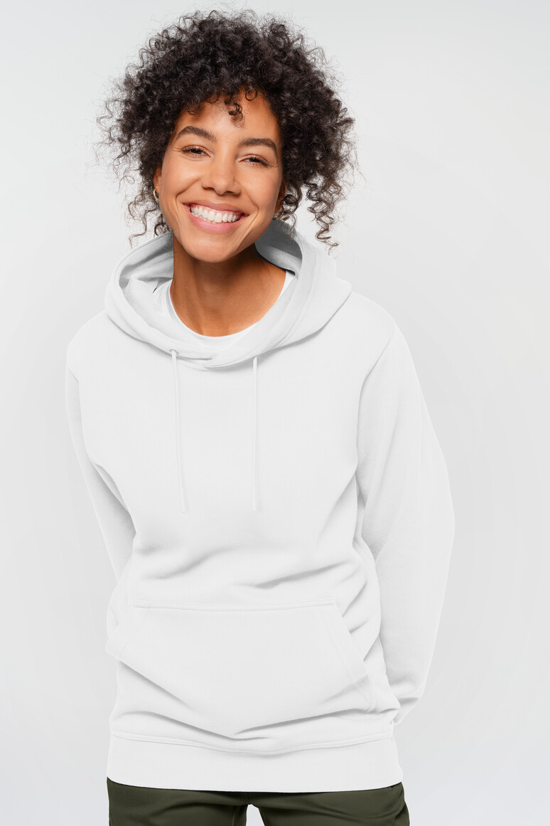 HAKRO 568 Label-Free Kapuzen-Sweat Heavy MIKRALINAR® ECO in Weiß – Modellansicht