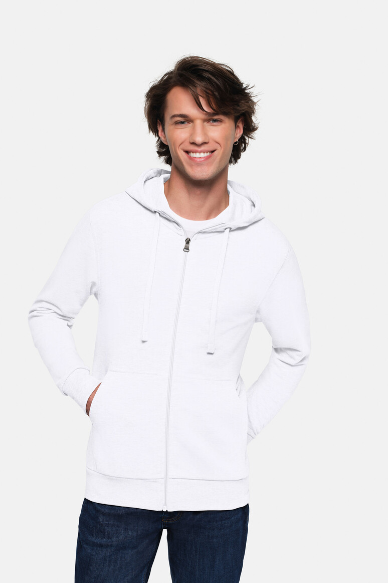 HAKRO 605 Kapuzen-Sweatjacke Premium in Weiß – Modellansicht