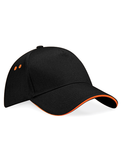 Beechfield Ultimate 5 Panel Cap - Sandwich Peak in Black/Orange – Vorderansicht