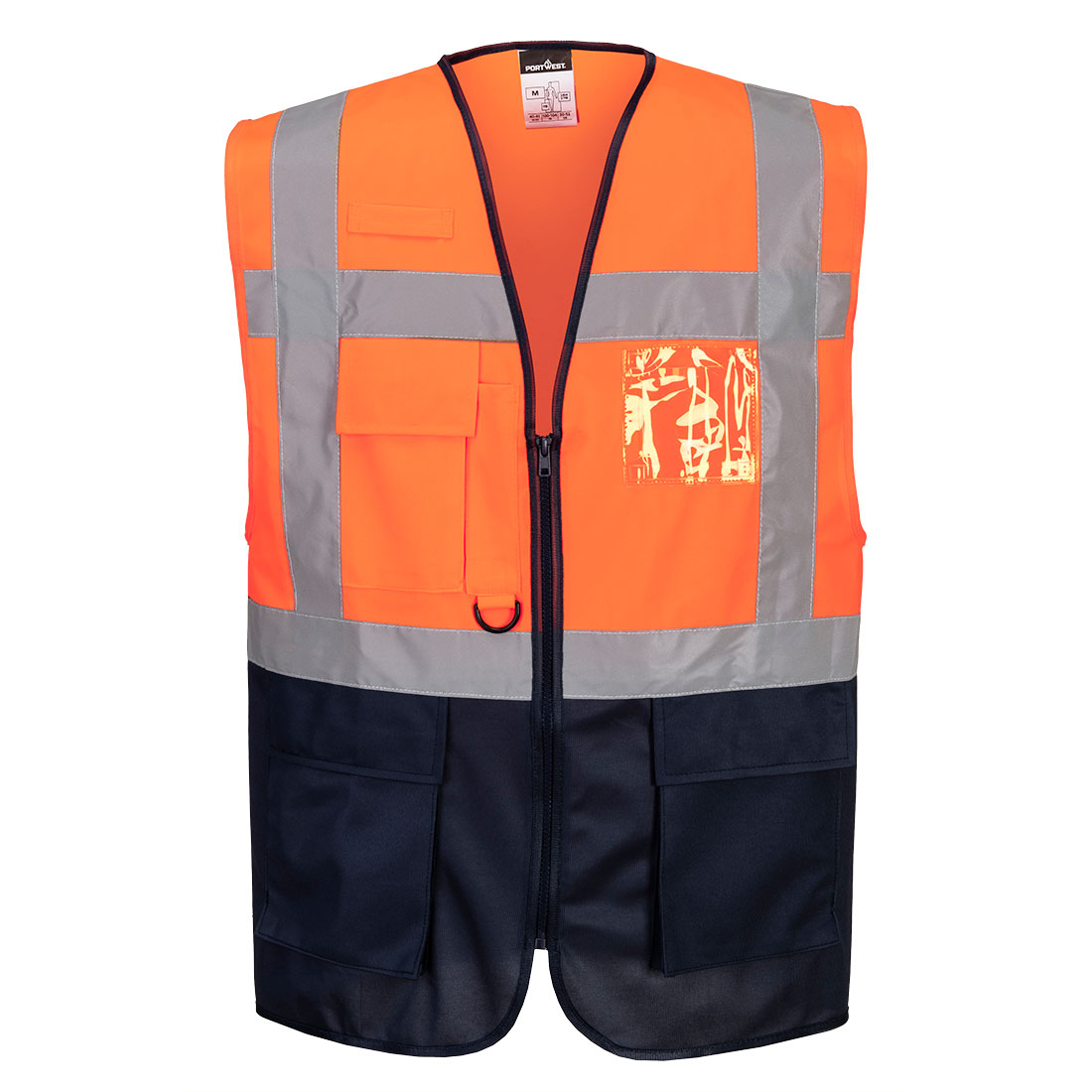 Portwest Warsaw Hi-Vis Contrast Executive Vest in Orange/Marine – Vorderansicht