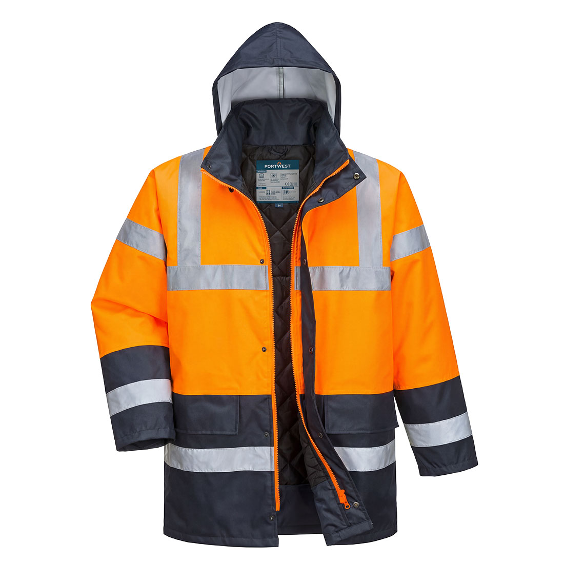 Portwest ES1 Essential Hi-Vis Contrast Winter Traffic Jacket in Orange/Marine – Vorderansicht