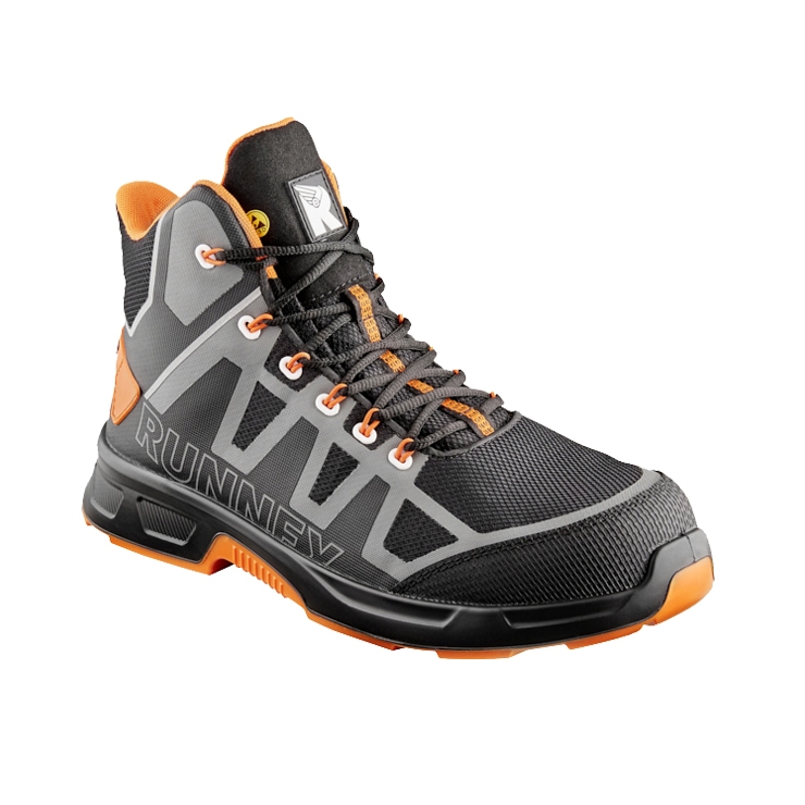RUNNEX® S3S ESD-Sicherheitsschnürstiefel ActionStar in Schwarz/Grau/Orange – Vorderansicht