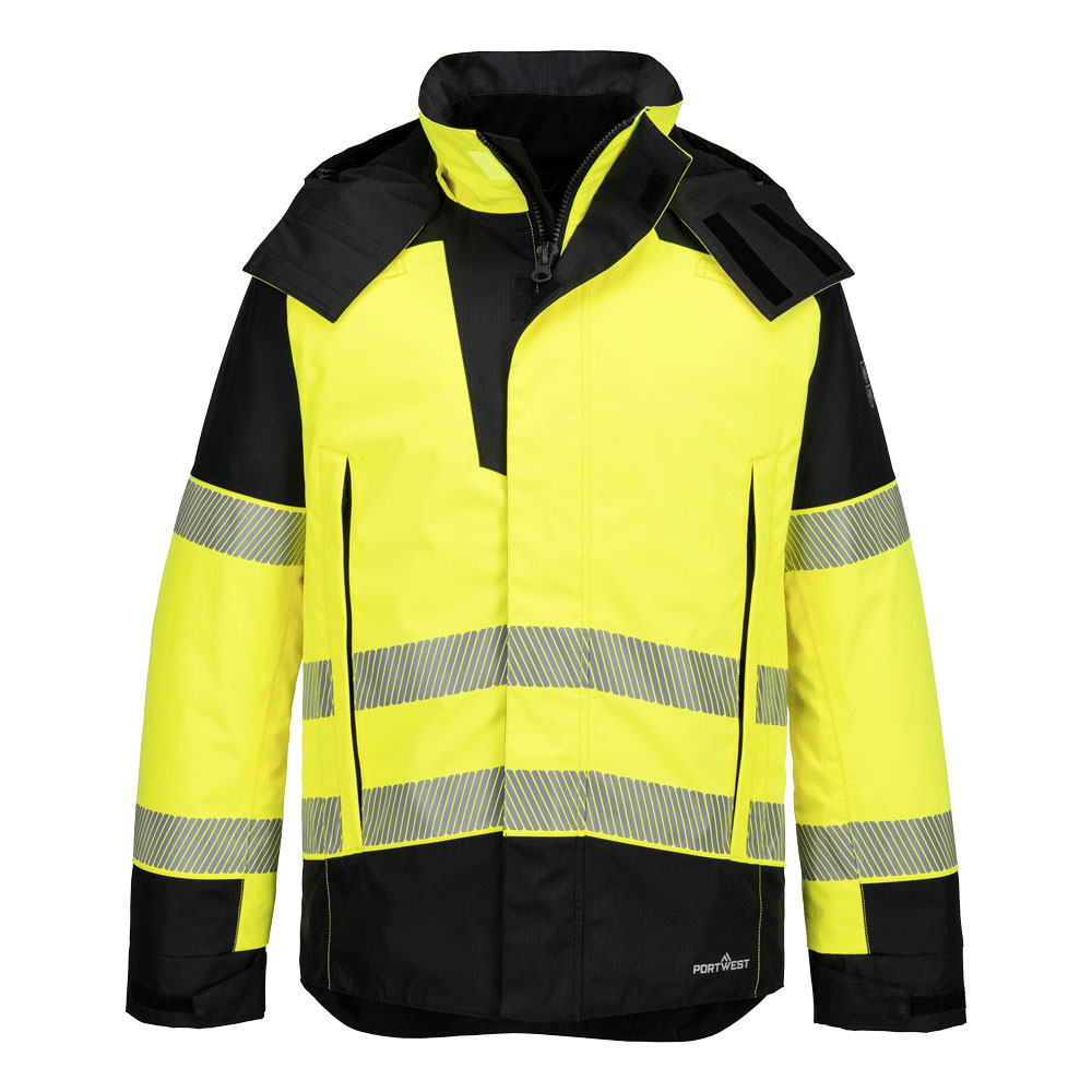 Portwest PW3 Modaflame Rain+ Hi-Vis Multi-Norm FR Winter Jacket in Gelb/Schwarz – Vorderansicht