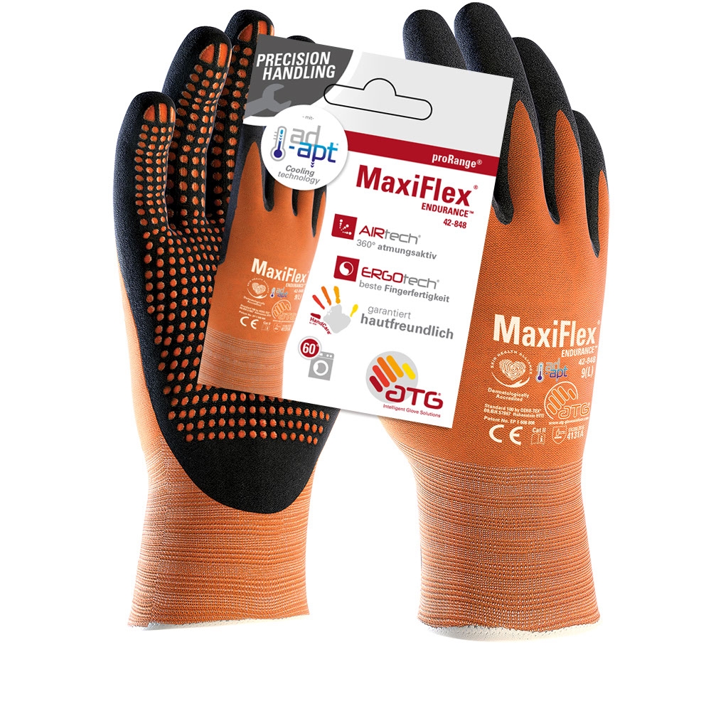 ATG® MaxiFlex® Endurance™AD-APT® Nylon-Strickhandschuhe (42-848HCT), SB-Verpackung in Orange/Schwarz – Vorderansicht
