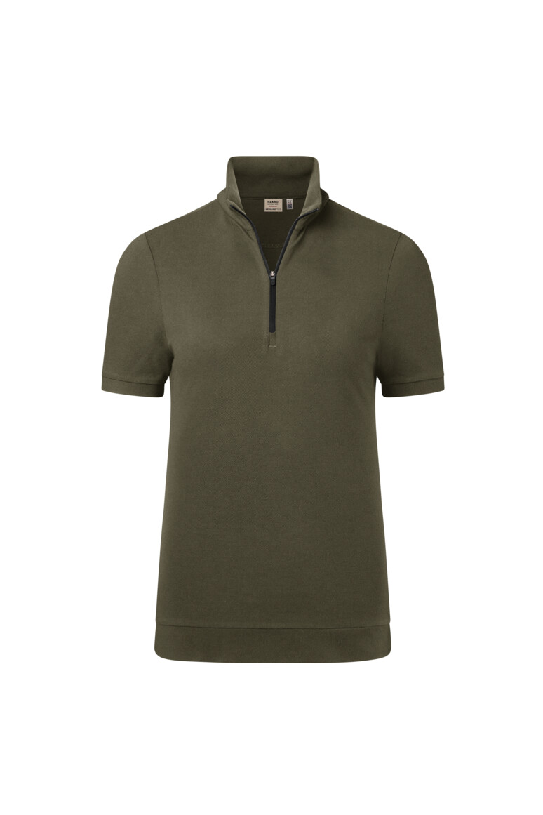 HAKRO 334 Damen Zip-Shirt Piqué MIKRALINAR® ECO in Olive – Vorderansicht