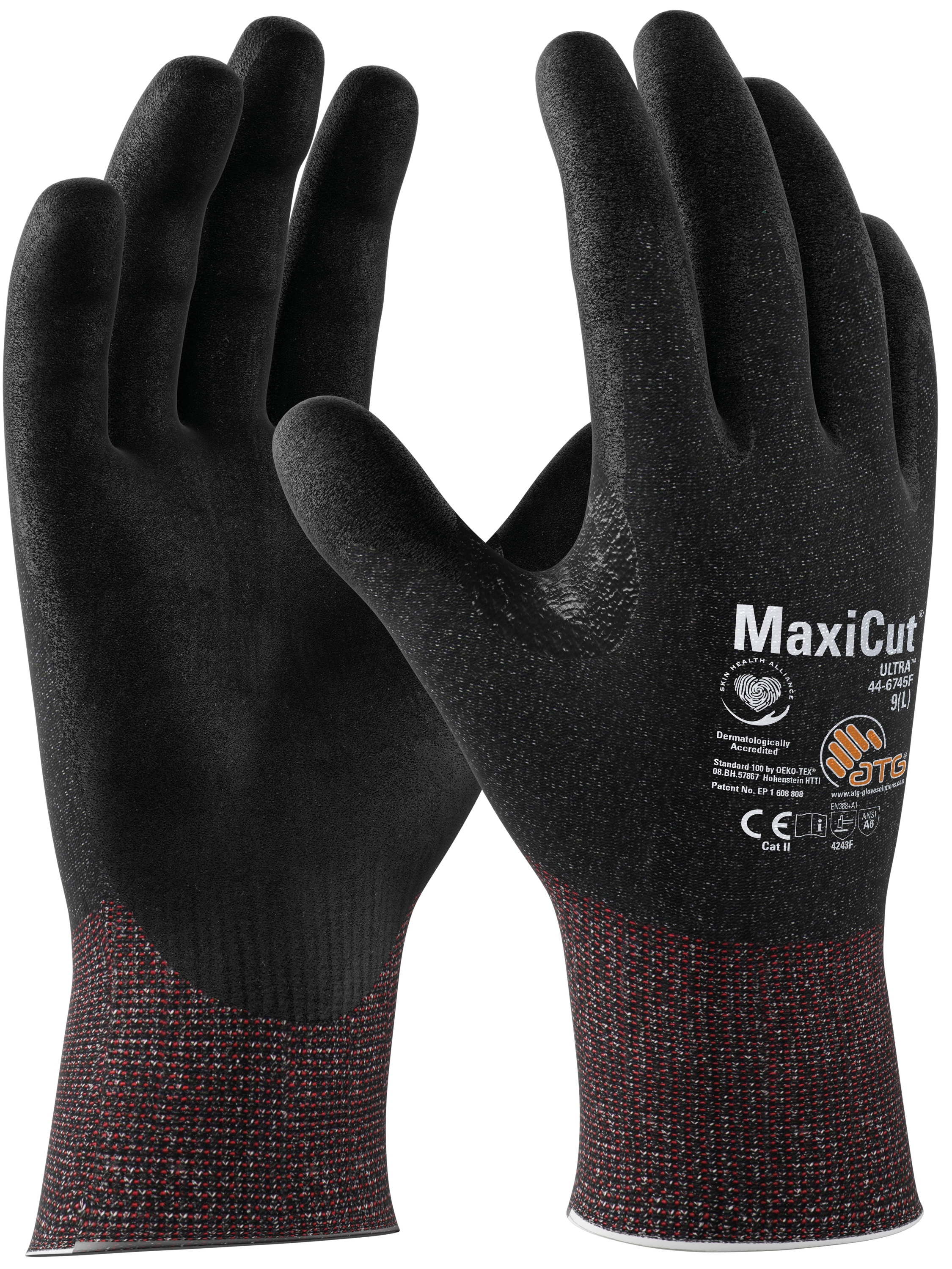ATG® MaxiCut® Ultra™ Schnittschutz-Strickhandschuhe (44-6745F) in Schwarz/Schwarz – Vorderansicht