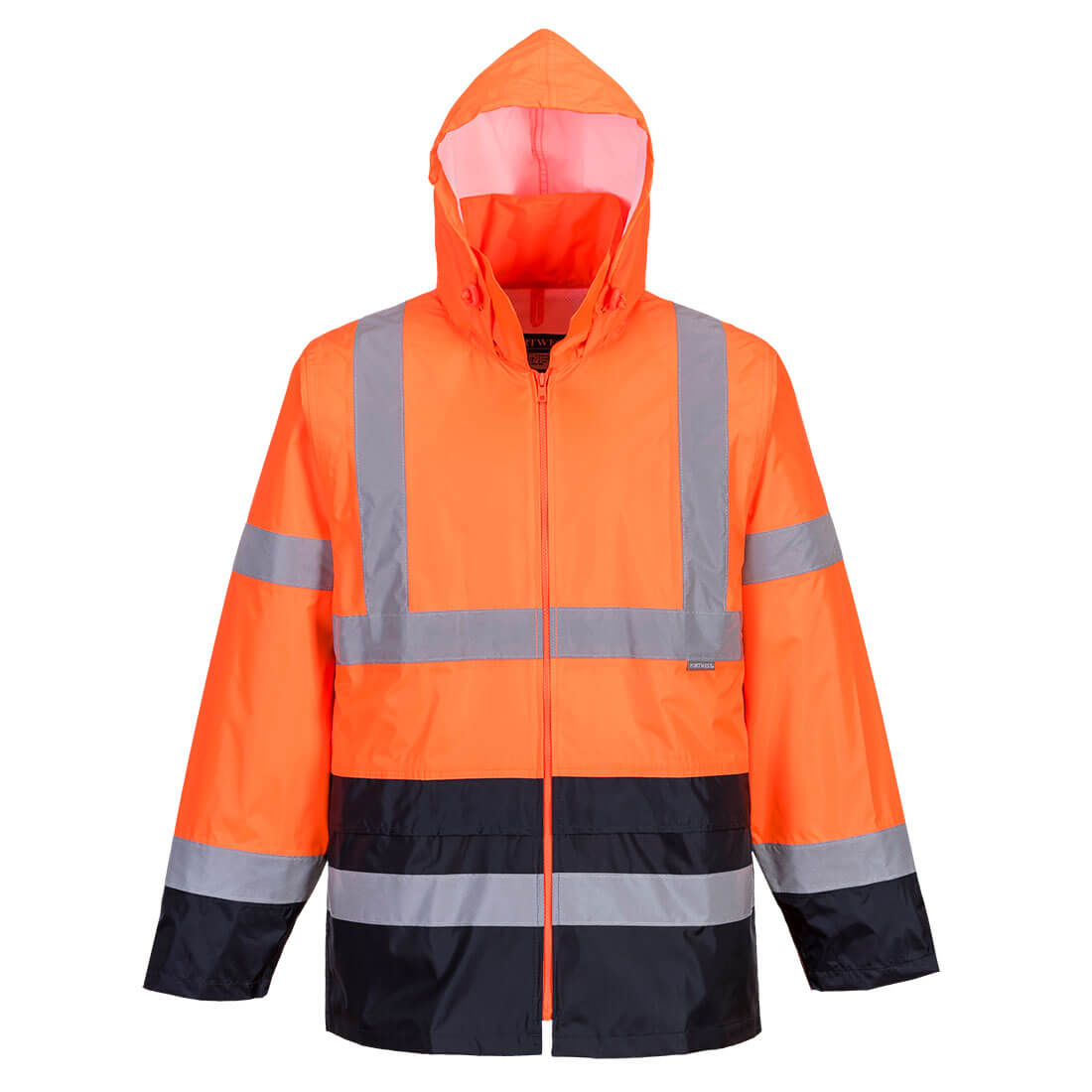 Portwest Hi-Vis Contrast Classic Rain Jacket in Orange/Marine – Vorderansicht